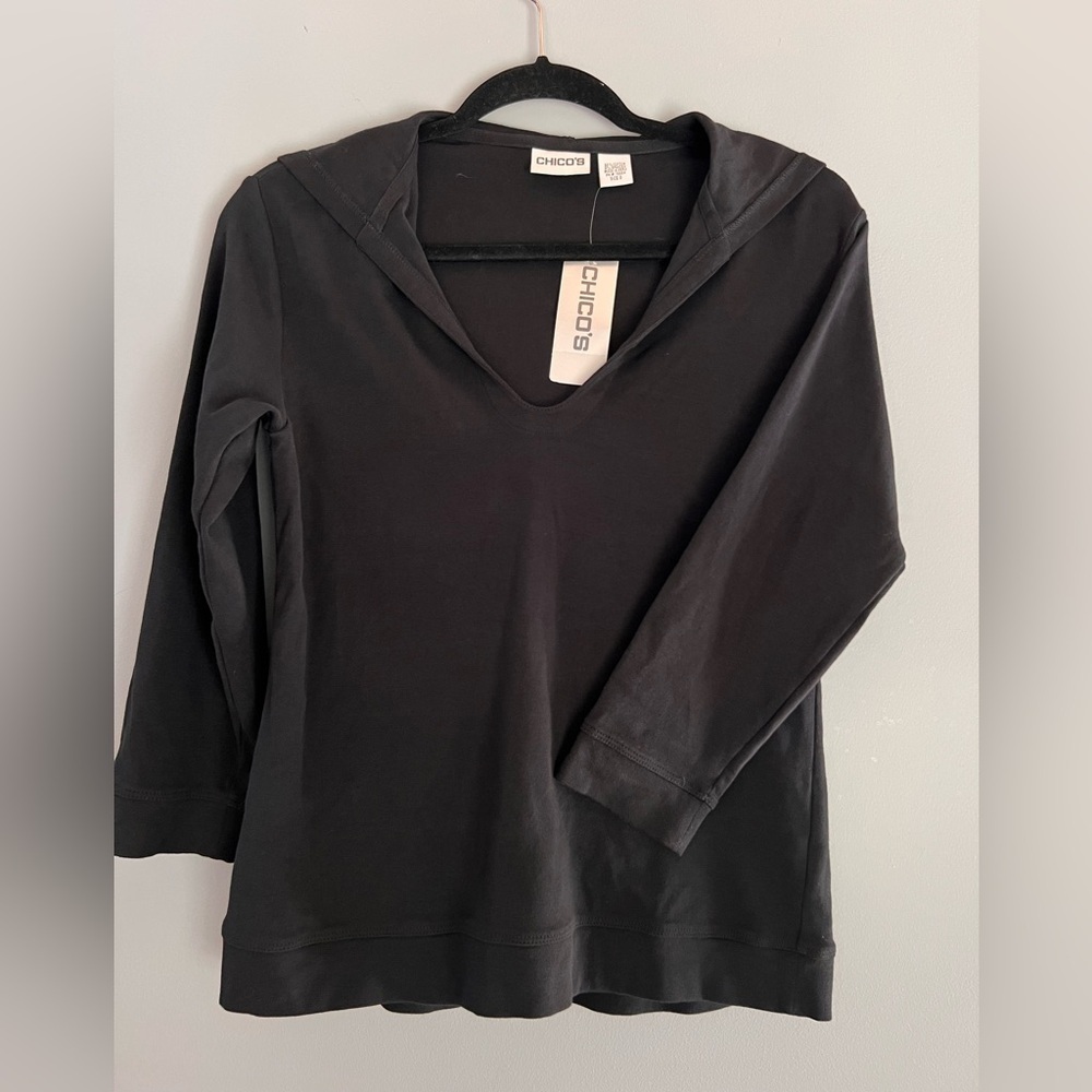 NWT Chico's Black Hooded 3/4 Sleeve size 0. Cotton and spandex